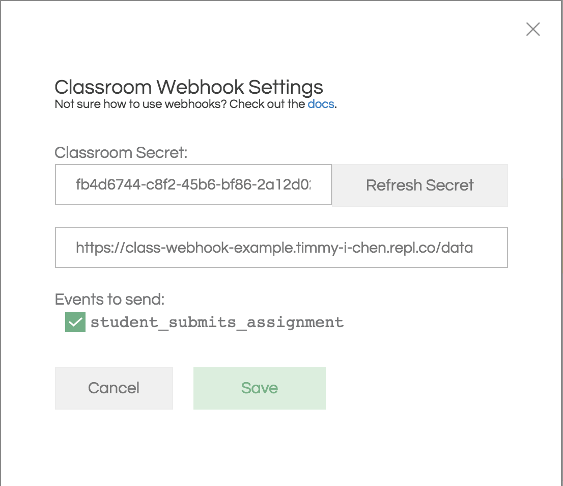 screenshot of webhook settings
